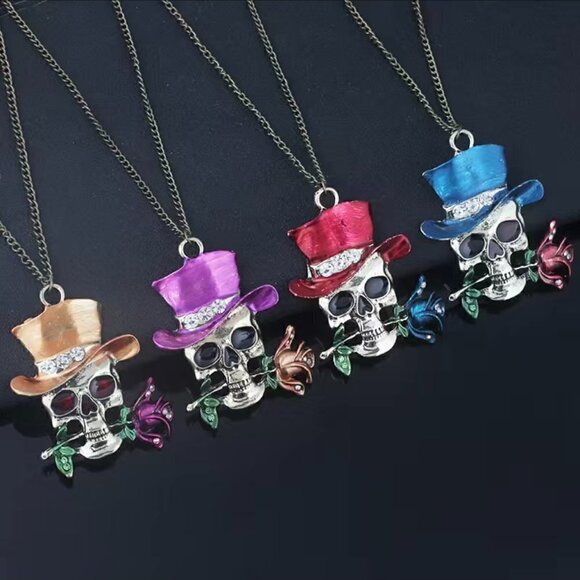 Grinning Skull with Rose and Top Hat Skelton Necklace / Pendant #866 (orange) - Picture 4 of 9